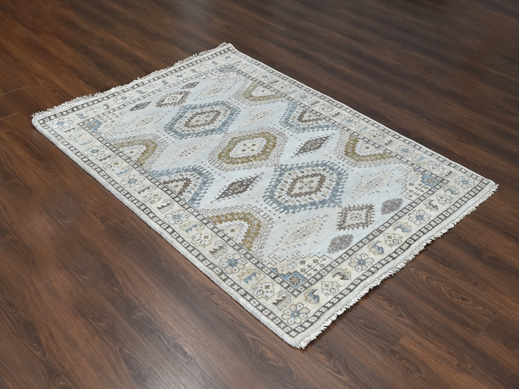 Tribal & Geometric hand-knotted wool rug in Gray & Ivory, 5'1" x 6'10" — SKU O010190 (view 2)