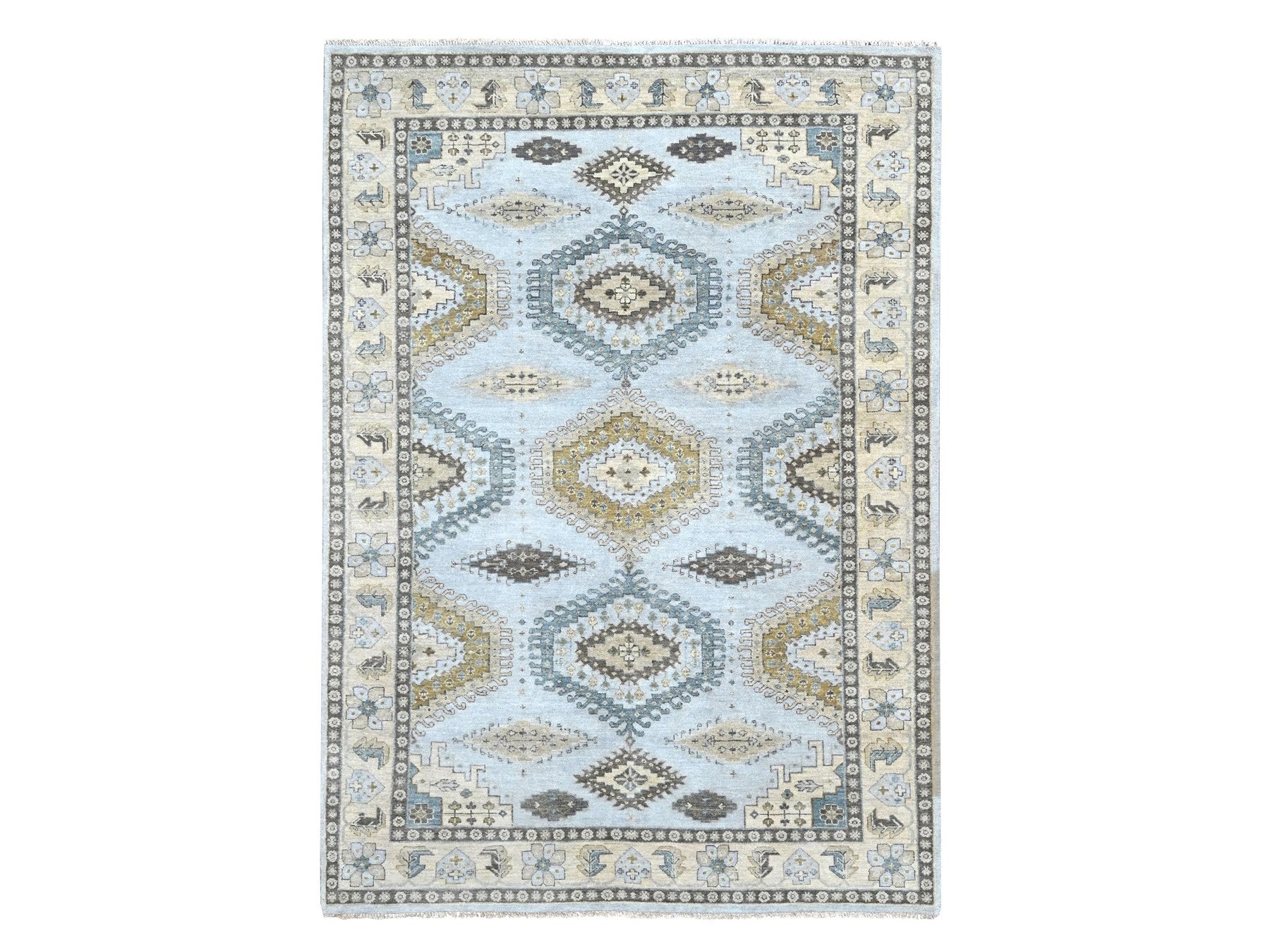 Tribal & Geometric hand-knotted wool rug in Gray & Ivory, 6'2" x 9'1" — SKU O010191
