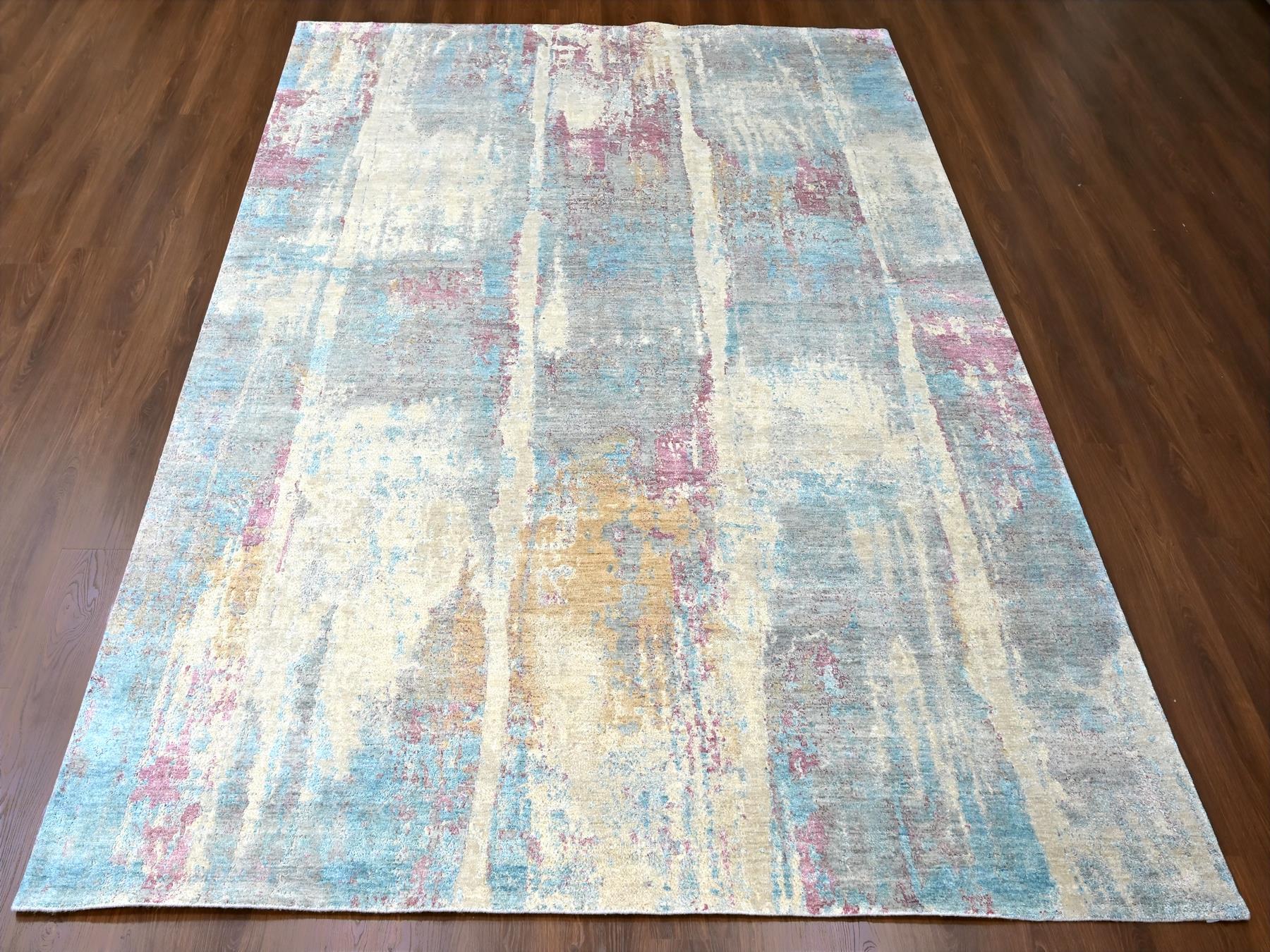 Modern / Contemporary hand-knotted wool/silk rug in Yellow, 8'11" x 12' — SKU O010212 (view 2)