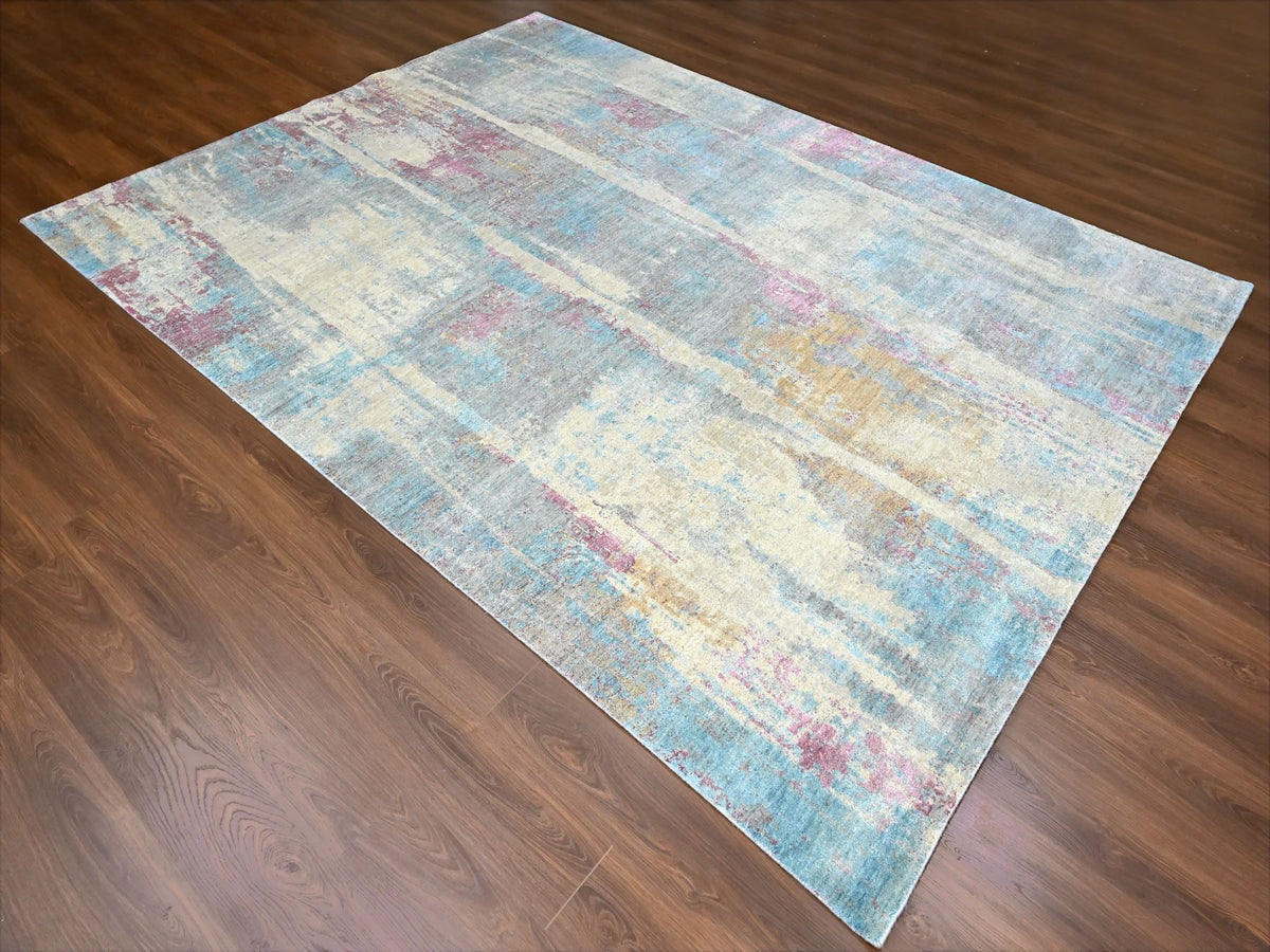 Modern / Contemporary hand-knotted wool/silk rug in Yellow, 8'11" x 12' — SKU O010212 (view 3)