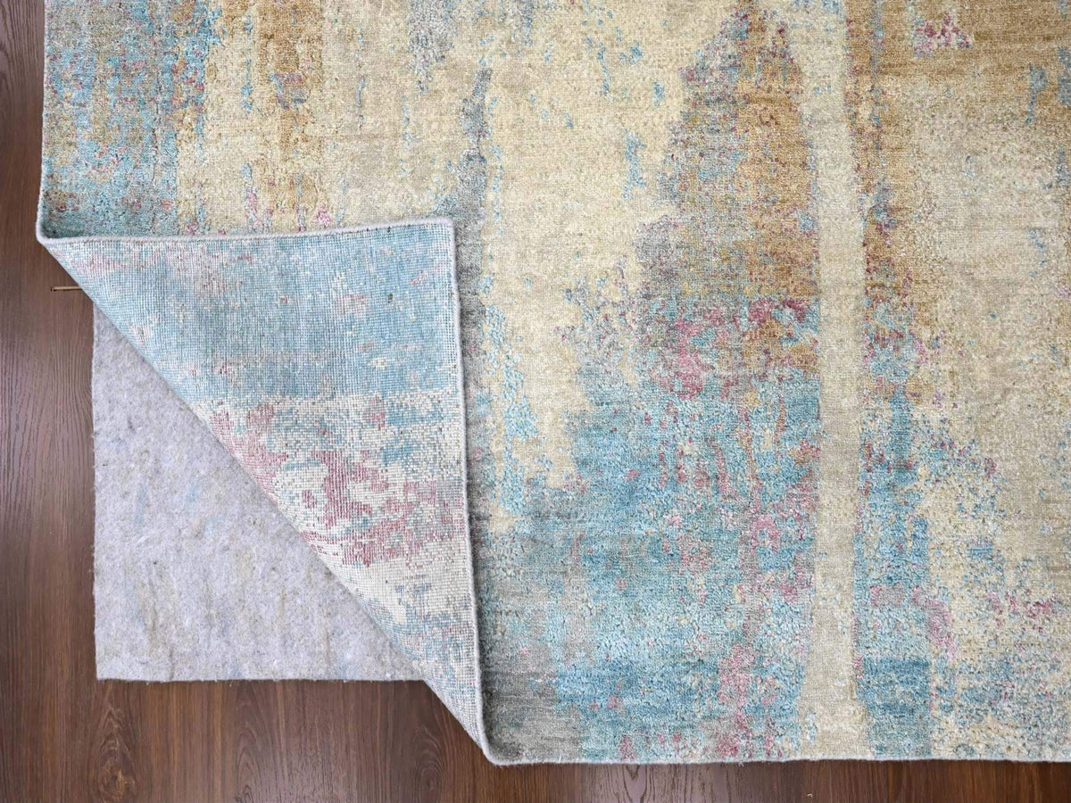 Modern / Contemporary hand-knotted wool/silk rug in Yellow, 8'11" x 12' — SKU O010212 (view 4)