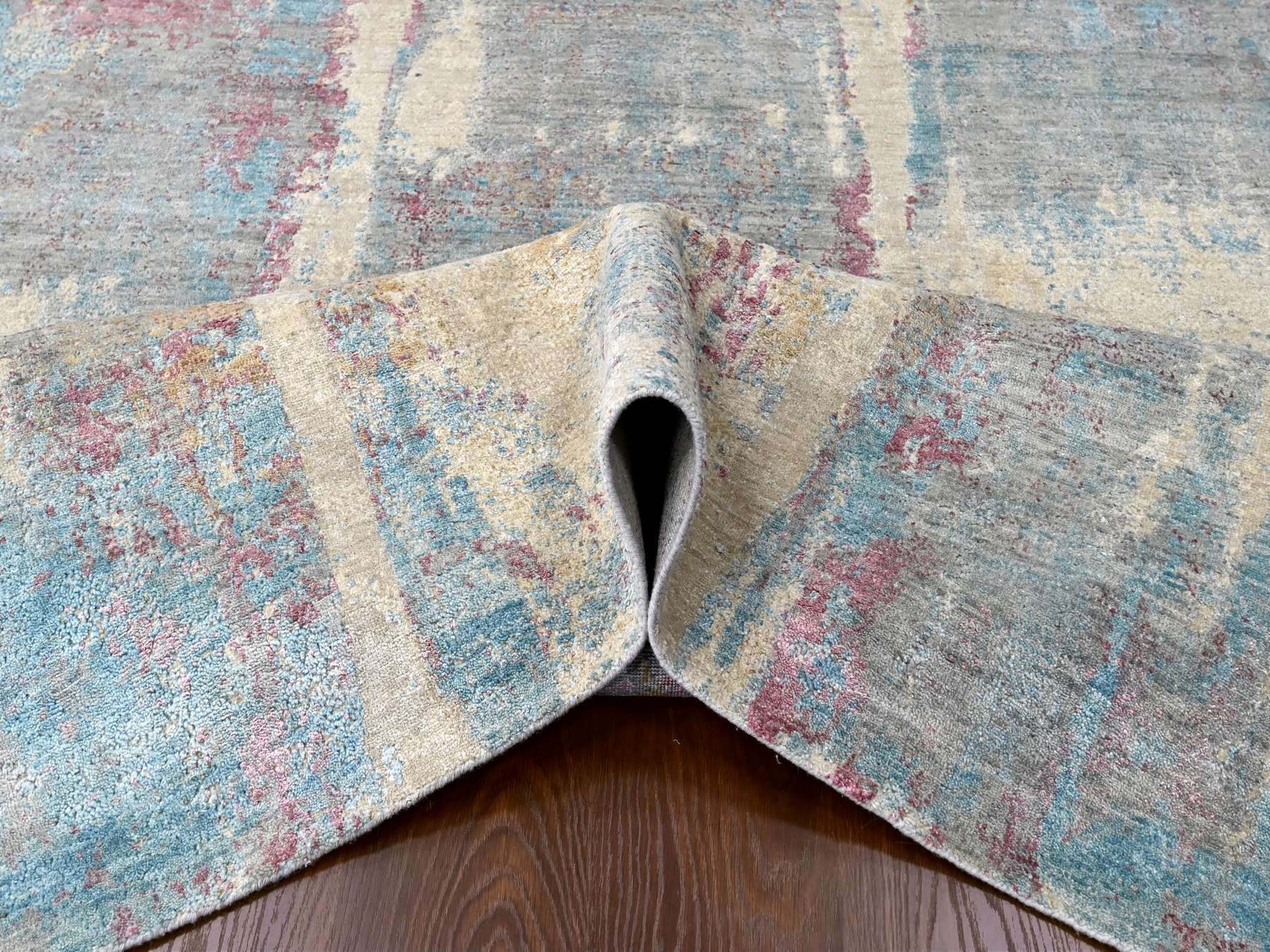 Modern / Contemporary hand-knotted wool/silk rug in Yellow, 8'11" x 12' — SKU O010212 (view 5)