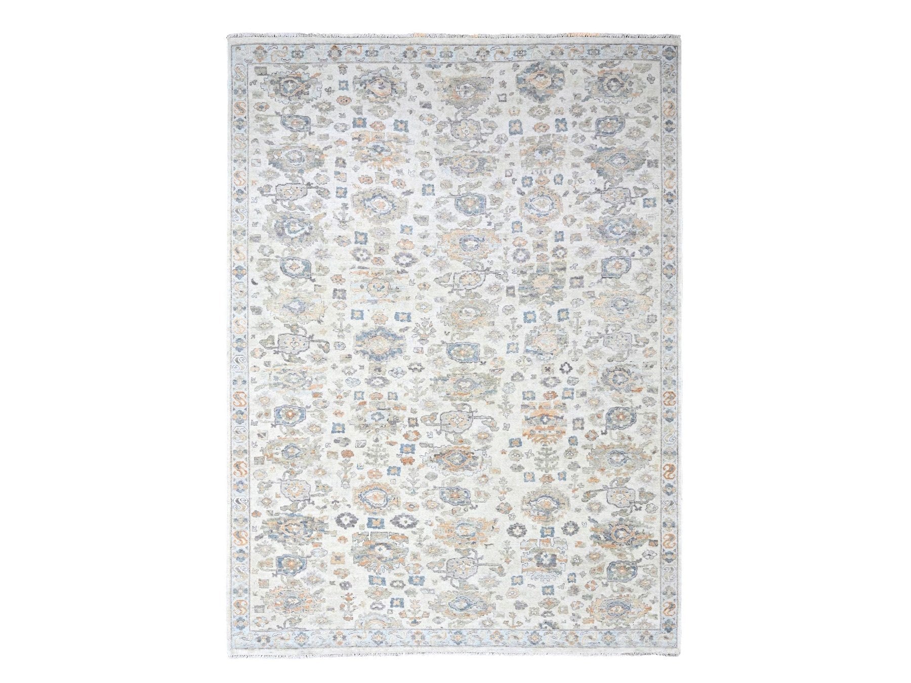 Mahal Oushak hand-knotted wool rug in Ivory & Light Blue, 8'10" x 11'10" — SKU O010215