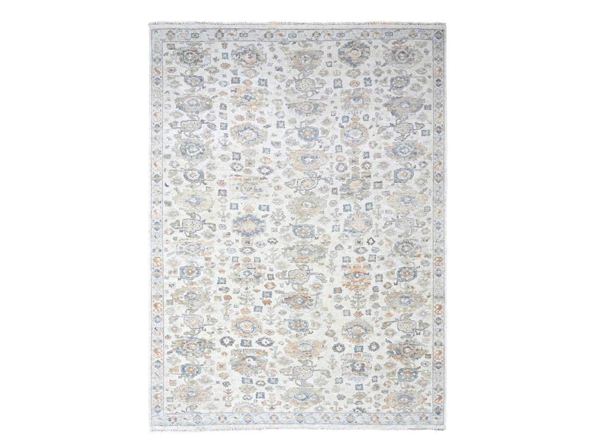 Mahal Oushak hand-knotted wool rug in Ivory & Light Blue, 8'10" x 11'10" — SKU O010215