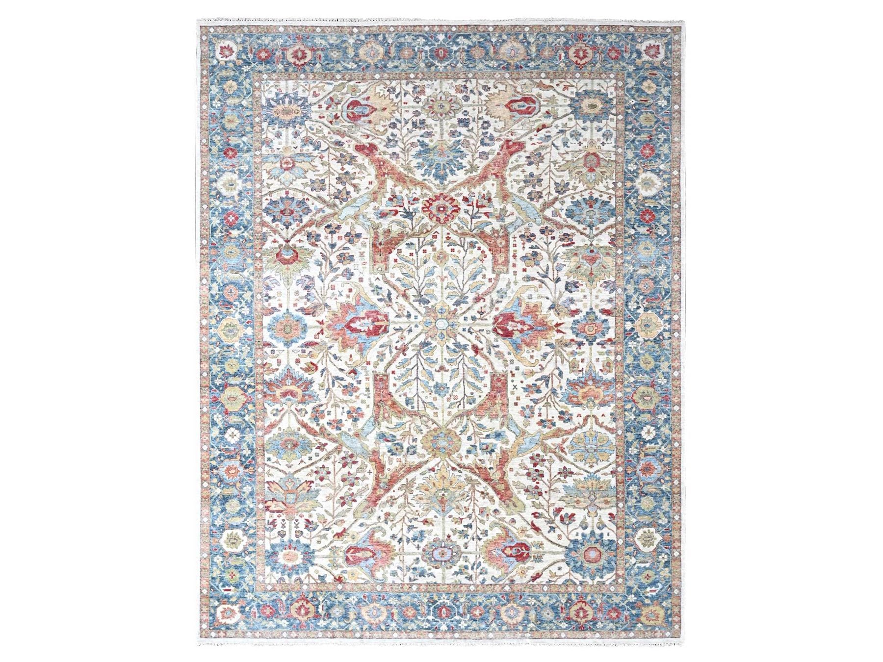 Mahal Oushak hand-knotted wool rug in Ivory & Blue, 9'11" x 13'11" — SKU O010221