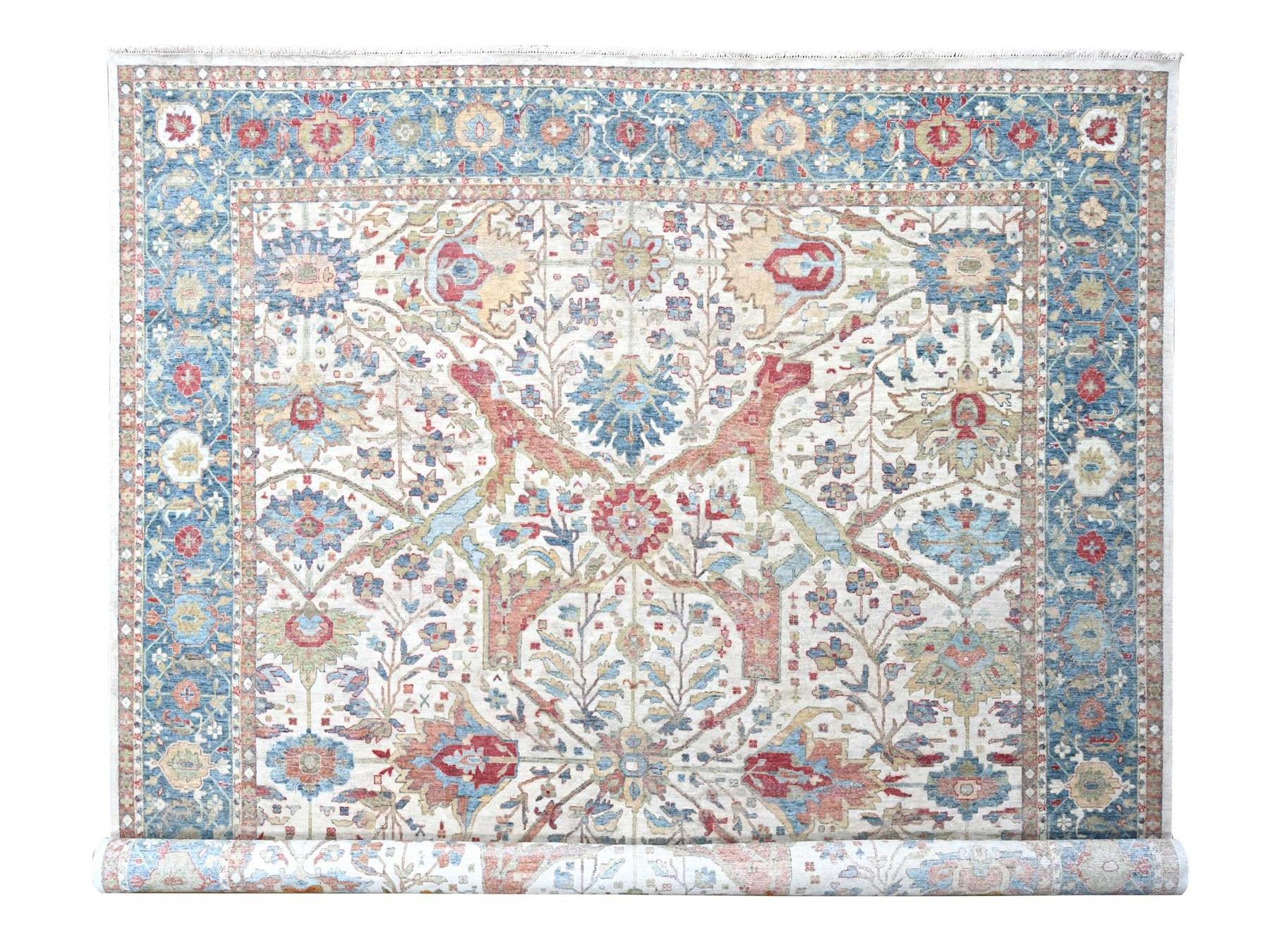 Mahal Oushak hand-knotted wool rug in Ivory & Blue, 11'11" x 15' — SKU O010222
