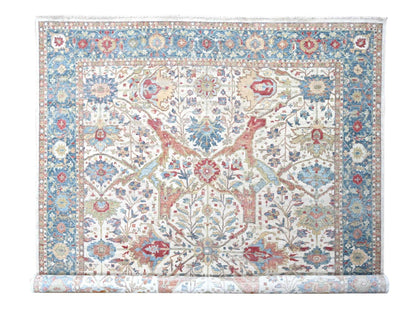 Mahal Oushak hand-knotted wool rug in Ivory & Blue, 11'11" x 15' — SKU O010222