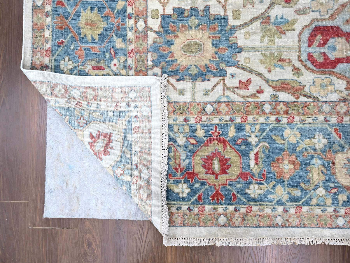 Mahal Oushak hand-knotted wool rug in Ivory & Blue, 11'11" x 15' — SKU O010222 (view 4)