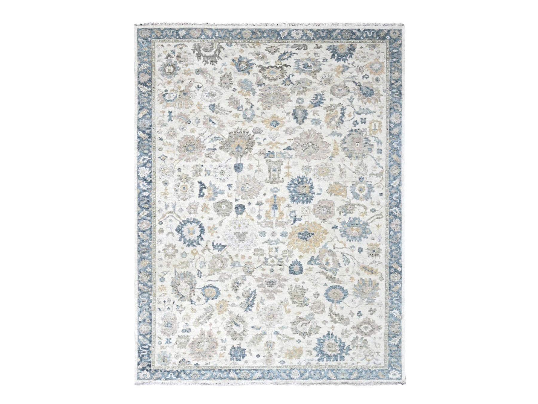 Mahal Oushak hand-knotted wool rug in Ivory & Navy Blue, 8'11" x 12'1" — SKU O010224