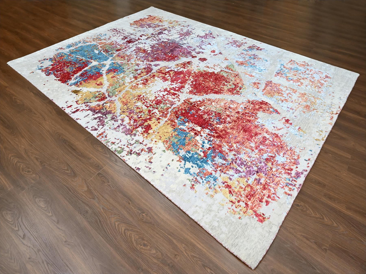 Modern / Contemporary hand-knotted wool/silk rug in Red, 9'1" x 12' — SKU O010271 (view 3)