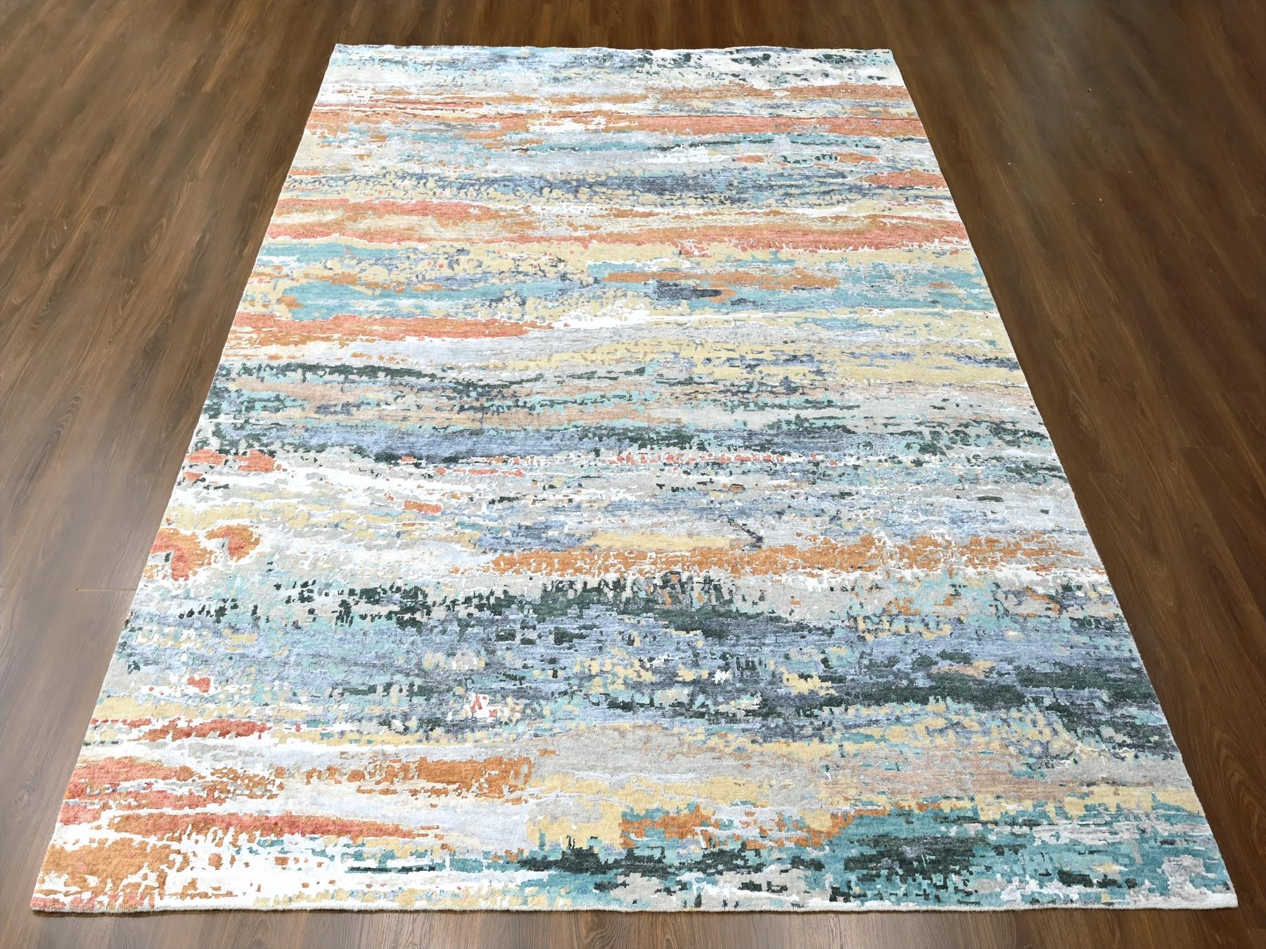 Modern / Contemporary hand-knotted wool/silk rug in Green, 9' x 11'10" — SKU O010273 (view 2)