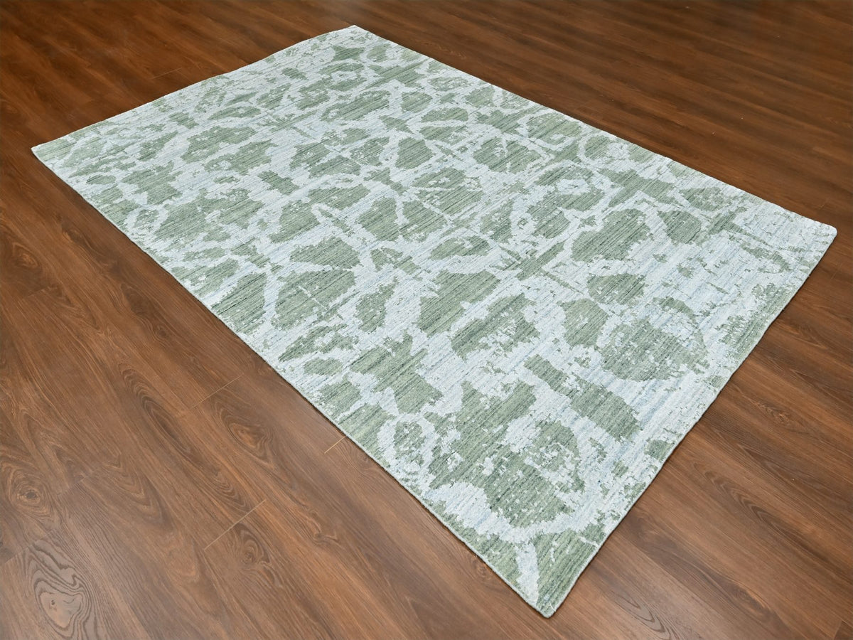 Modern / Contemporary hand-knotted wool/silk rug in Green, 6'7" x 9'6" — SKU O010282 (view 2)