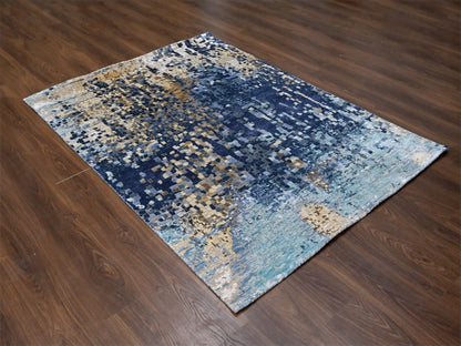 Blue 4'10" x 6'10" Modern and Contemporary Hand knotted Wool/Silk Rug - Sku: O010294