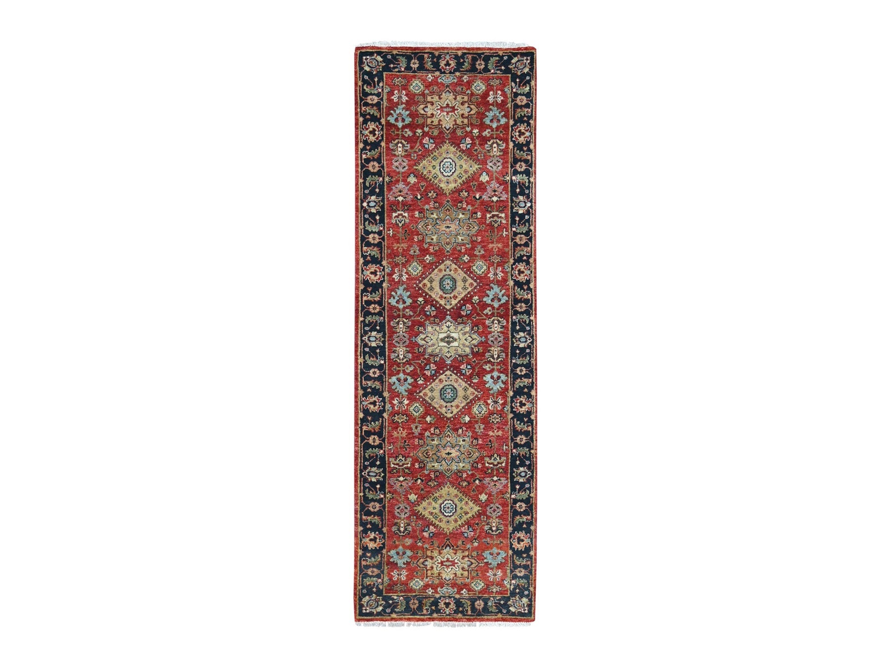 Heriz hand-knotted wool runner in Red & Navy Blue, 2'7" x 8'2" — SKU O010295