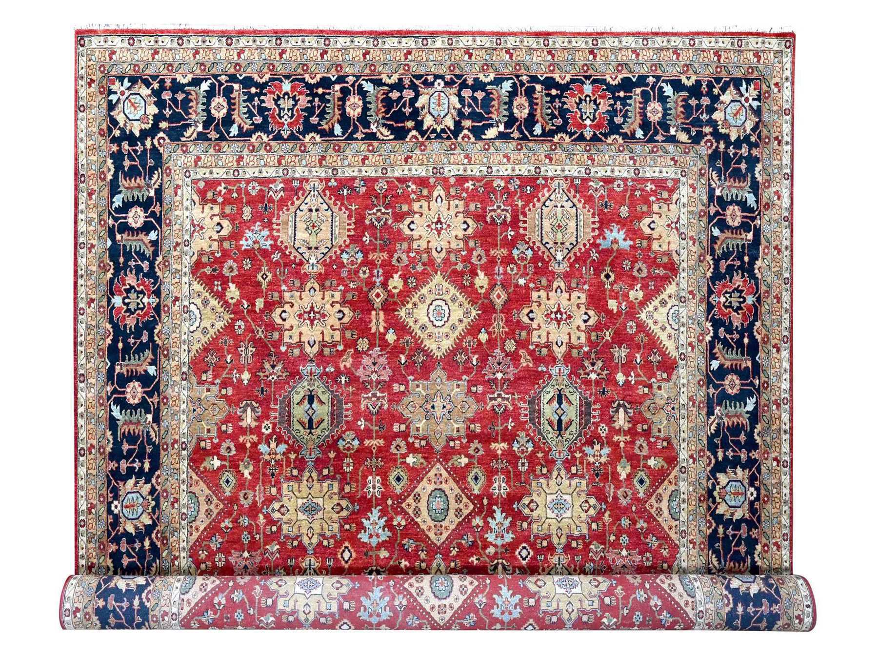 Tribal Heriz hand-knotted wool rug in Red & Navy Blue, 12' x 14'11" — SKU O010299