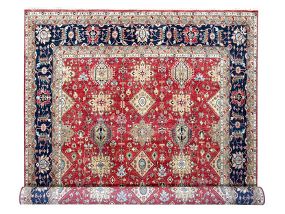 Tribal Heriz hand-knotted wool rug in Red & Navy Blue, 12' x 14'11" — SKU O010299