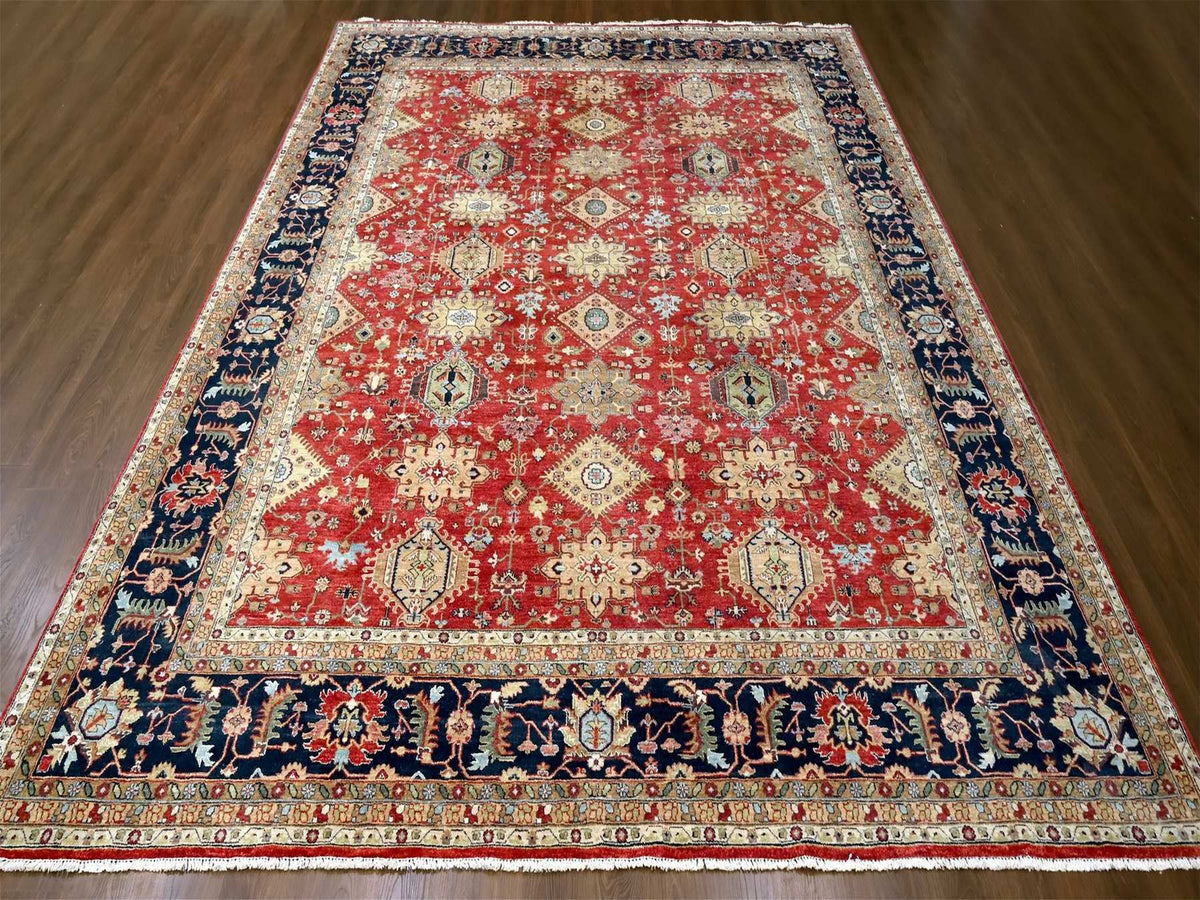 Tribal Heriz hand-knotted wool rug in Red & Navy Blue, 12' x 14'11" — SKU O010299 (view 2)