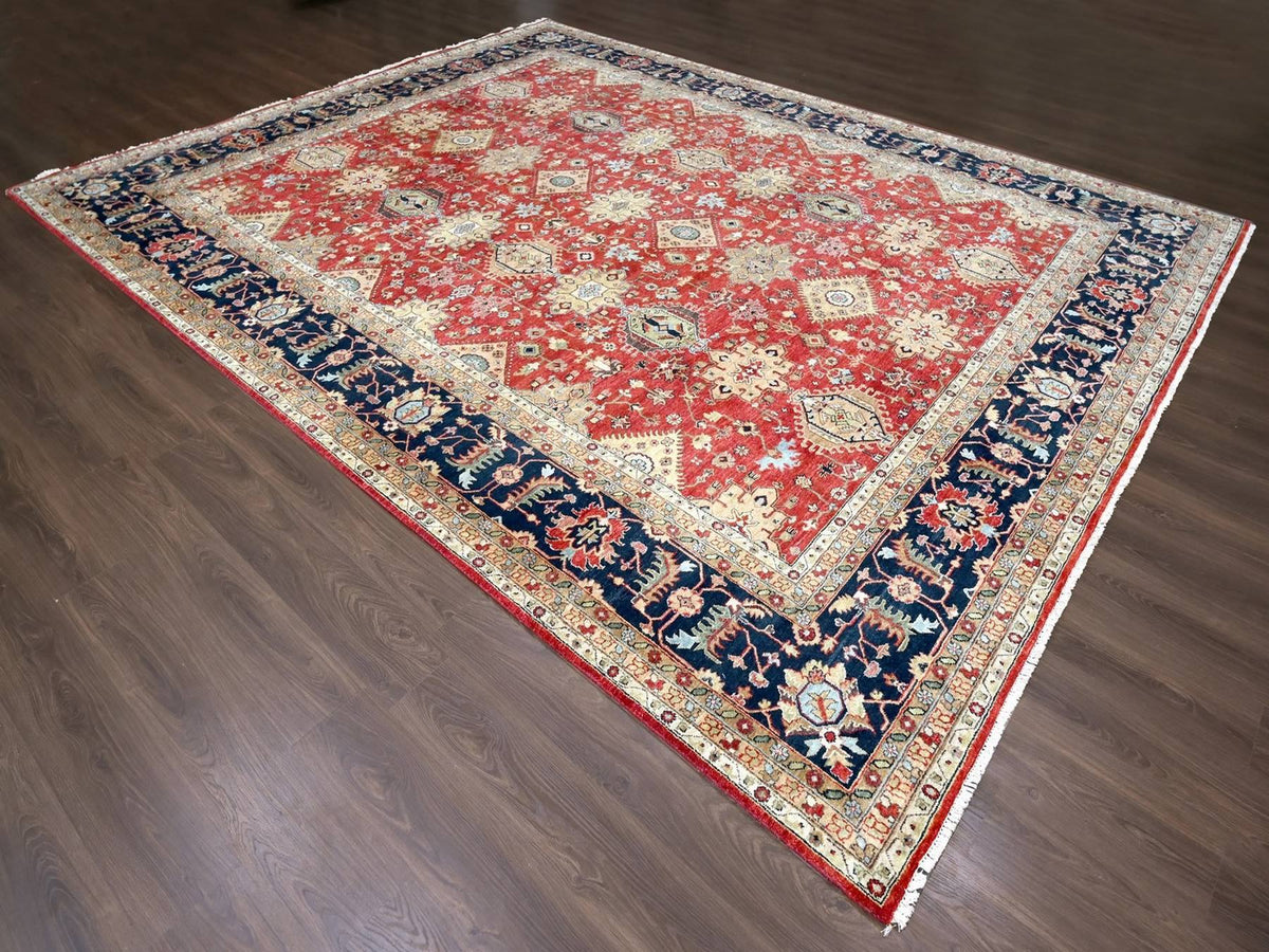 Tribal Heriz hand-knotted wool rug in Red & Navy Blue, 12' x 14'11" — SKU O010299 (view 3)