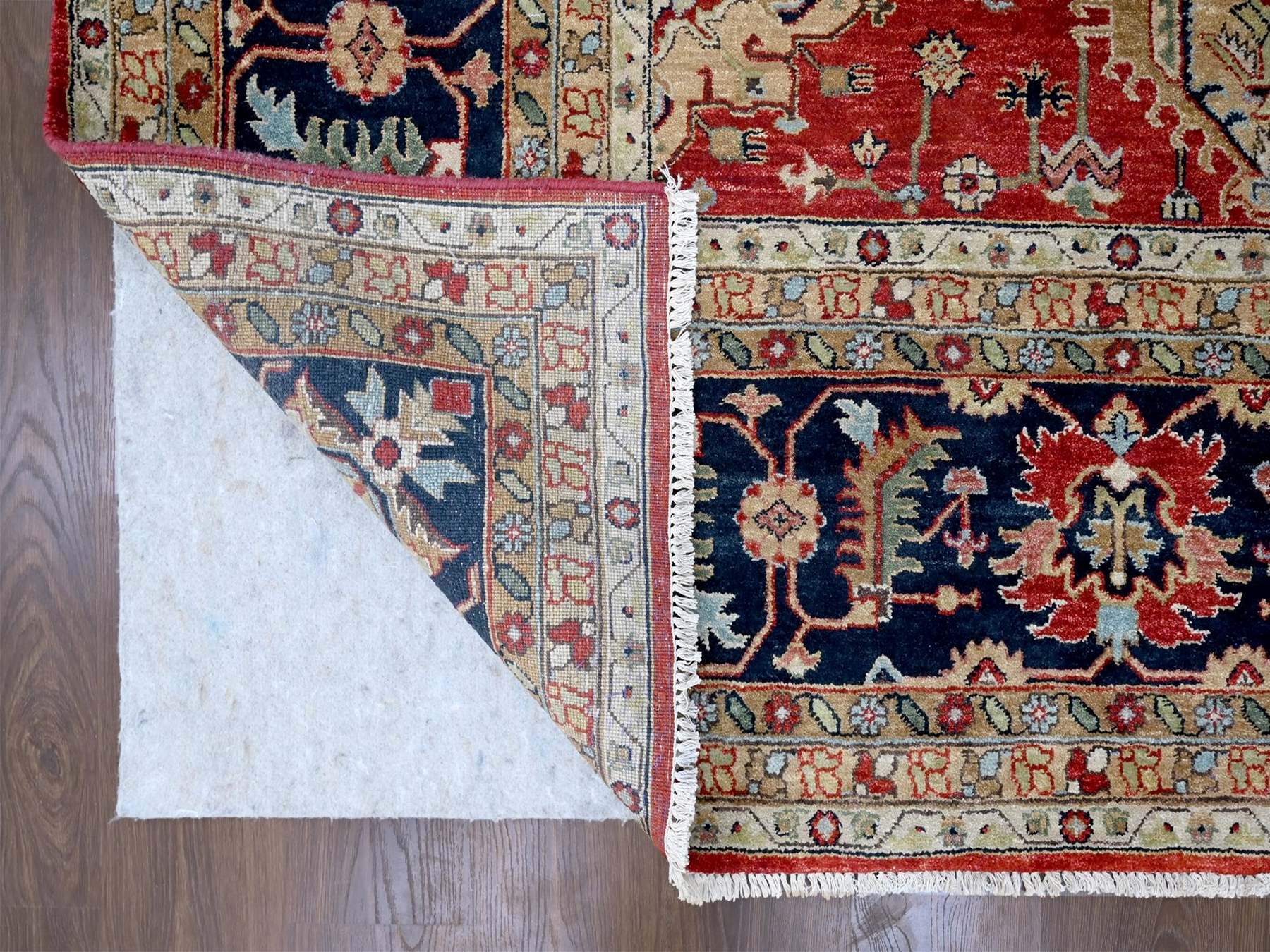 Tribal Heriz hand-knotted wool rug in Red & Navy Blue, 12' x 14'11" — SKU O010299 (view 4)