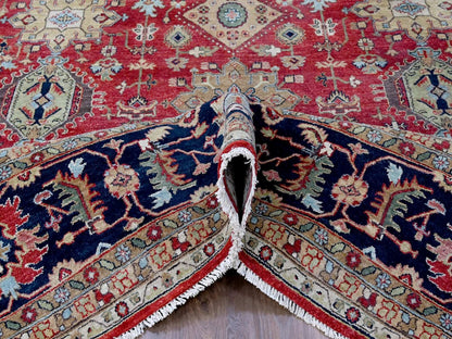 Tribal Heriz hand-knotted wool rug in Red & Navy Blue, 12' x 14'11" — SKU O010299 (view 5)