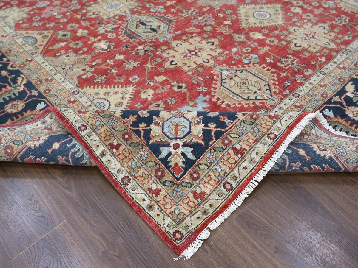 Tribal Heriz hand-knotted wool rug in Red & Navy Blue, 12' x 14'11" — SKU O010299 (view 6)