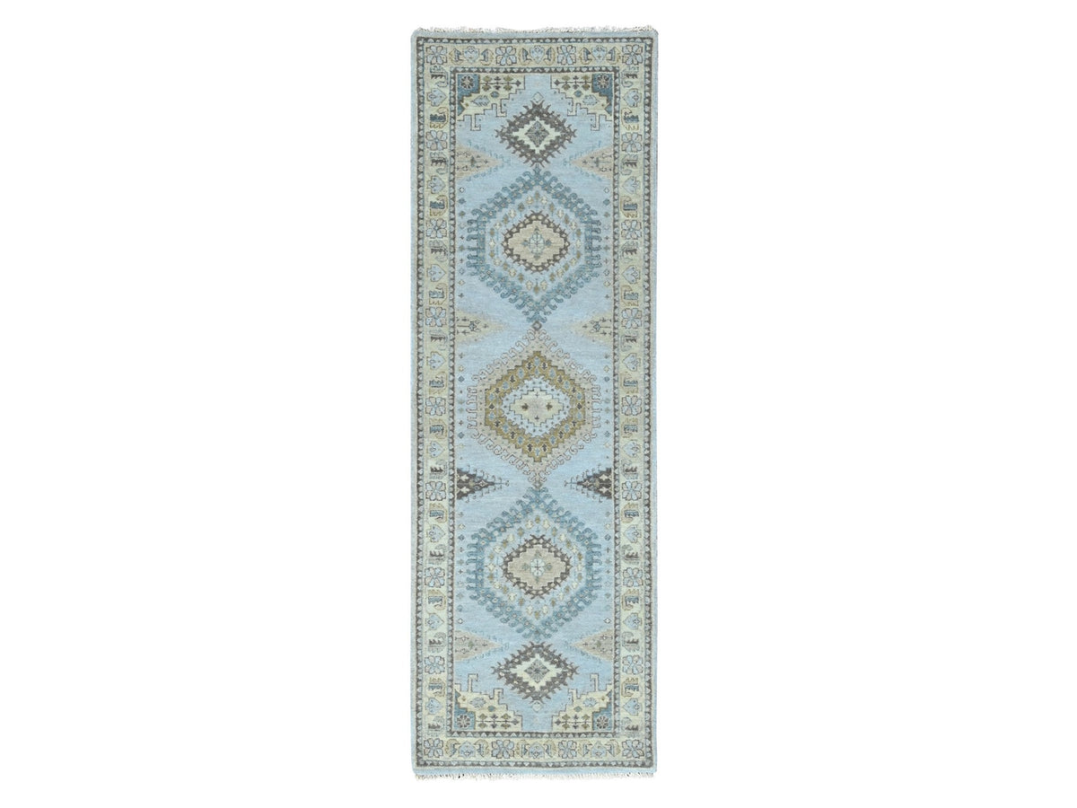 Tribal & Geometric hand-knotted wool runner in Gray & Ivory, 2'7" x 7'10" — SKU O010321