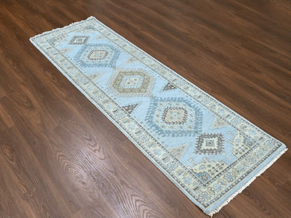 Tribal & Geometric hand-knotted wool runner in Gray & Ivory, 2'7" x 7'10" — SKU O010321 (view 2)