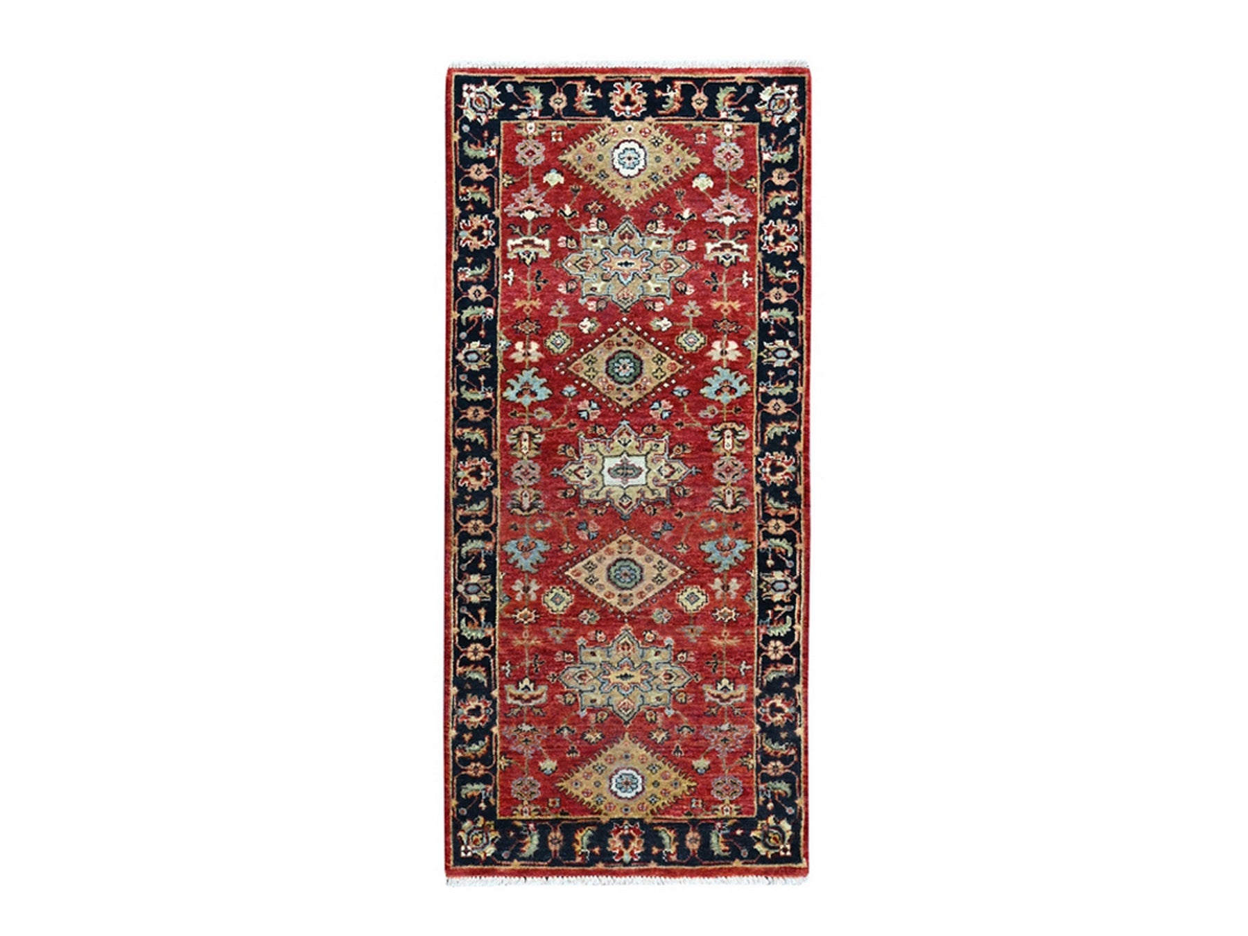 Heriz hand-knotted wool runner in Red & Midnight Blue, 2'7" x 5'11" — SKU O010364