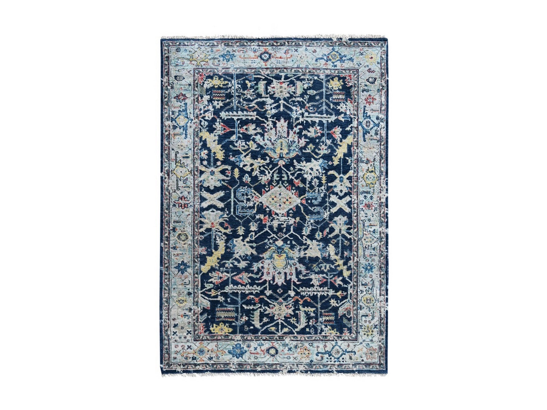Blue 4'0" x 5'11" Heriz Hand knotted Wool Rug - Sku: O010371