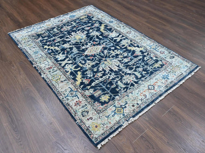 Blue 5'1" x 6'9" Heriz Hand knotted Wool Rug - Sku: O010372