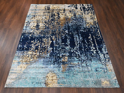 Blue 8'0" x 9'8" Modern and Contemporary Hand knotted Wool/Silk Rug - Sku: O010374