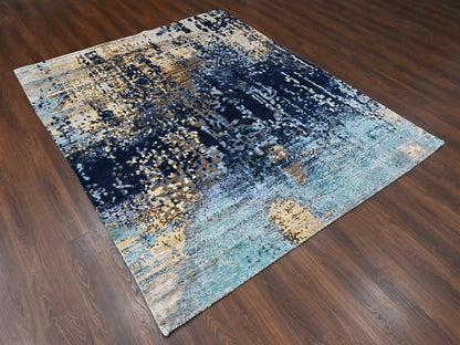 Blue 8'0" x 9'8" Modern and Contemporary Hand knotted Wool/Silk Rug - Sku: O010374