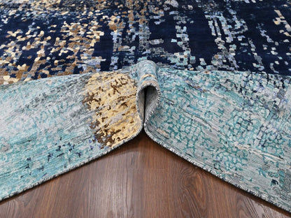 Blue 8'0" x 9'8" Modern and Contemporary Hand knotted Wool/Silk Rug - Sku: O010374