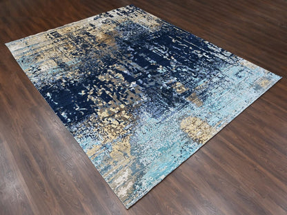 Blue 11'10" x 14'9" Modern and Contemporary Hand knotted Wool/Silk Rug - Sku: O010375