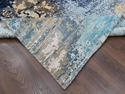 Blue 11'10" x 14'9" Modern and Contemporary Hand knotted Wool/Silk Rug - Sku: O010375