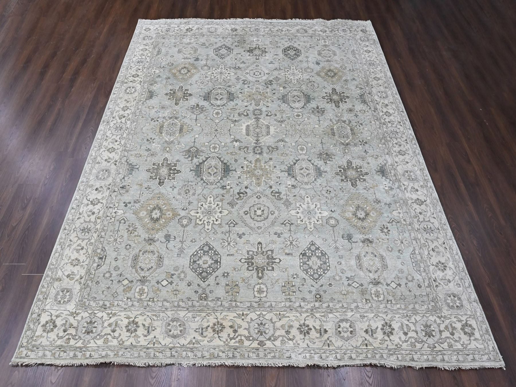 Green 11'10" x 14'9" Heriz Hand knotted Wool Rug - Sku: O010388