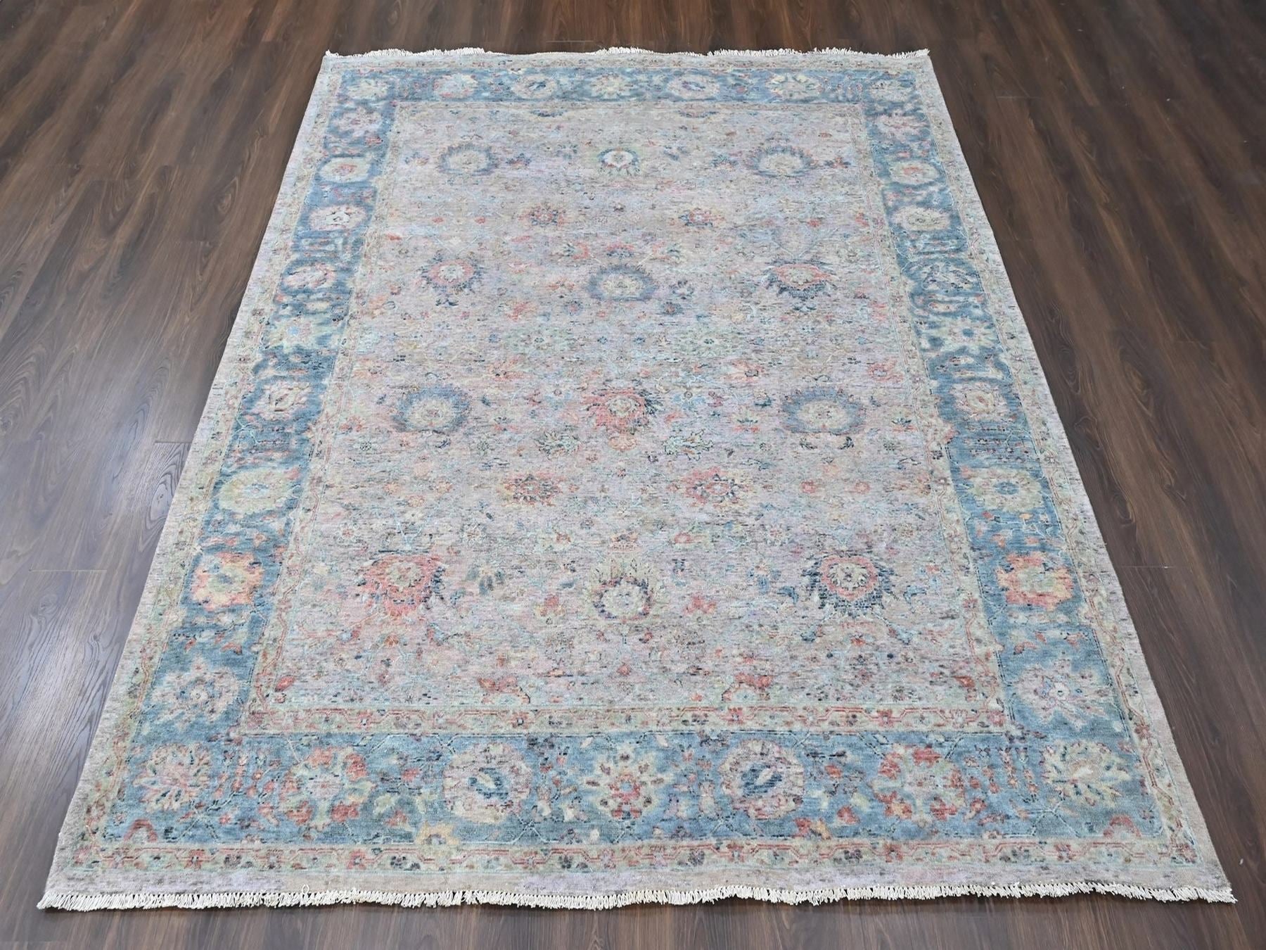 Mahal Oushak hand-knotted wool rug in Pink & Light Blue, 8' x 10' — SKU O010400 (view 2)