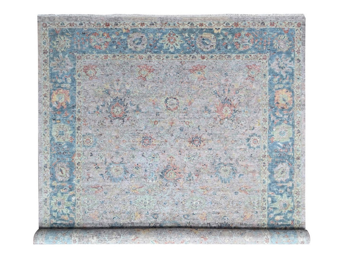 Mahal Oushak hand-knotted wool rug in Pink & Light Blue, 10' x 13'10" — SKU O010401