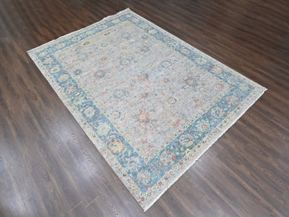 Mahal Oushak hand-knotted wool rug in Pink & Light Blue, 10' x 13'10" — SKU O010401 (view 3)