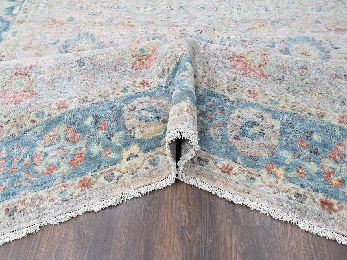 Mahal Oushak hand-knotted wool rug in Pink & Light Blue, 10' x 13'10" — SKU O010401 (view 5)