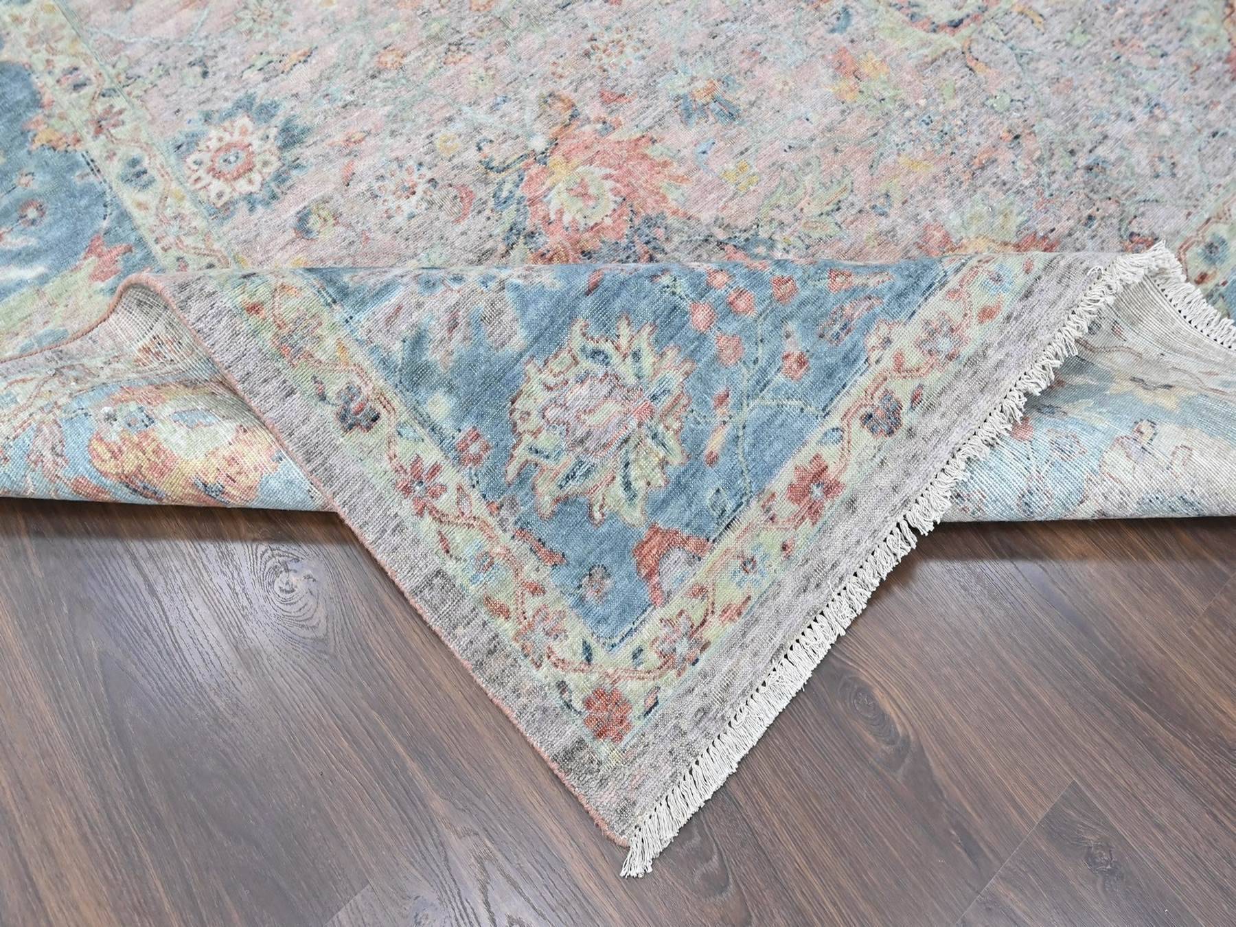 Mahal Oushak hand-knotted wool rug in Pink & Light Blue, 10' x 13'10" — SKU O010401 (view 6)