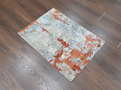 Modern / Contemporary hand-knotted wool/silk rug in Orange, 2' x 2'9" — SKU O010403 (view 2)