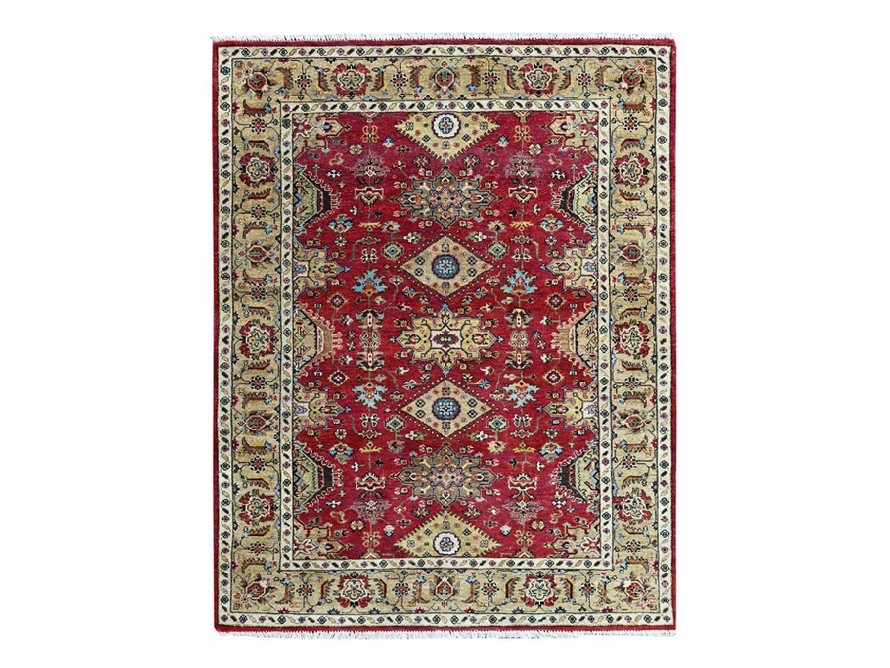 Red 5'1" x 6'10" Heriz Hand knotted Wool Rug - Sku: O010405