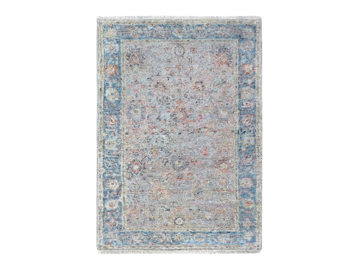 Mahal Oushak hand-knotted silk rug in Pink & Light Blue, 3'11" x 5'11" — SKU O010419