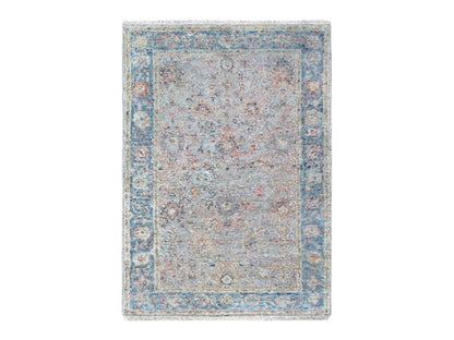 Mahal Oushak hand-knotted silk rug in Pink & Light Blue, 3'11" x 5'11" — SKU O010419