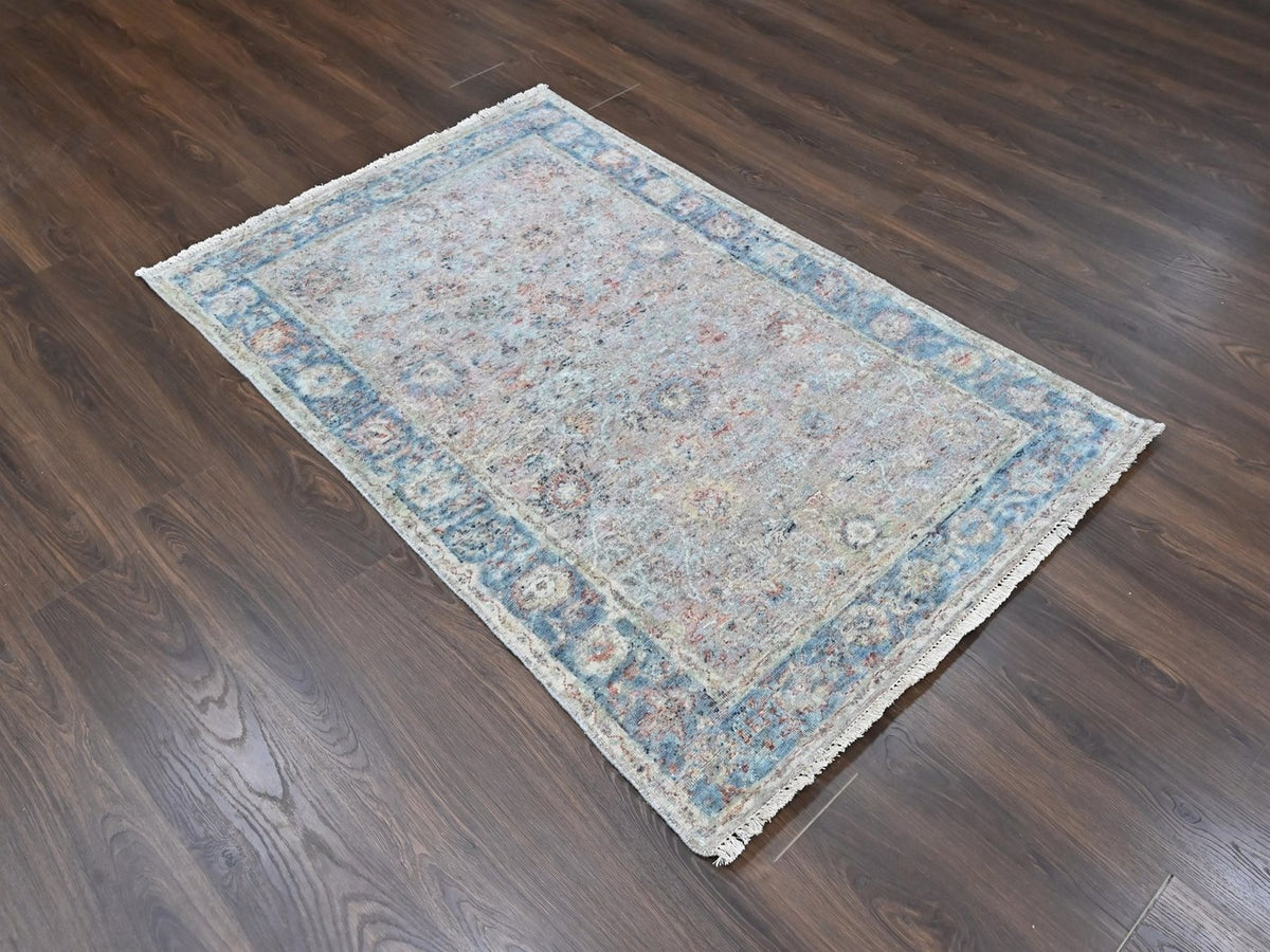 Mahal Oushak hand-knotted silk rug in Pink & Light Blue, 3'11" x 5'11" — SKU O010419 (view 2)