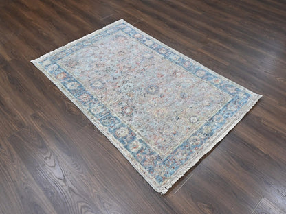 Mahal Oushak hand-knotted silk rug in Pink & Light Blue, 3'11" x 5'11" — SKU O010419 (view 2)
