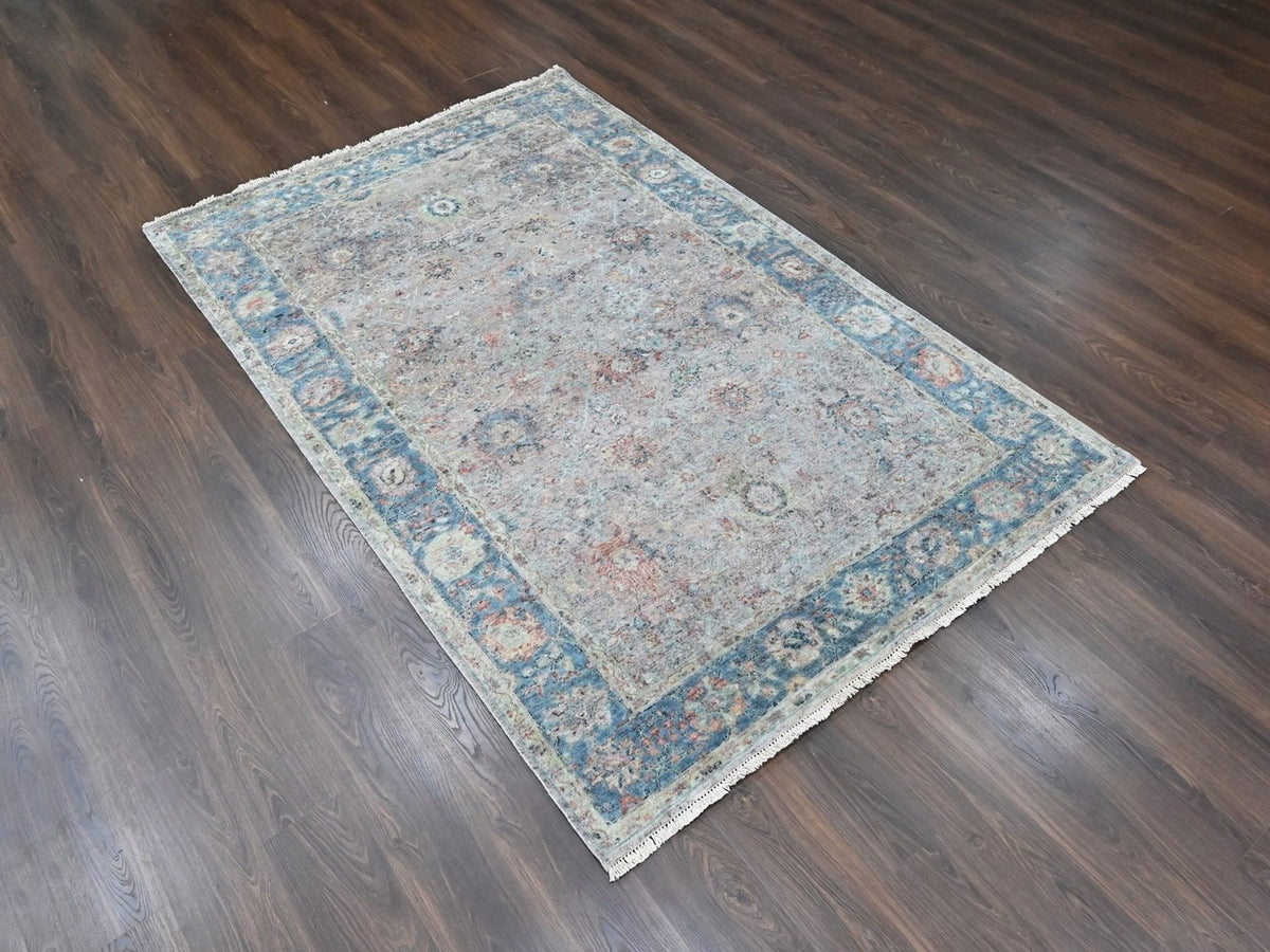 Mahal Oushak hand-knotted wool rug in Pink & Light Blue, 6' x 8'10" — SKU O010421 (view 2)