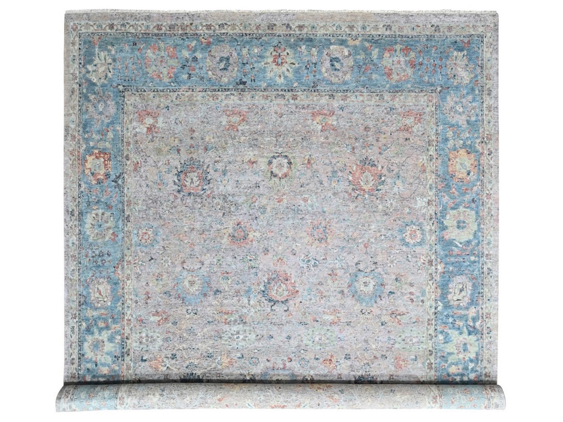 Mahal Oushak hand-knotted wool rug in Pink & Light Blue, 12' x 14'9" — SKU O010424