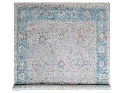 Mahal Oushak hand-knotted wool rug in Pink & Light Blue, 12' x 14'9" — SKU O010424